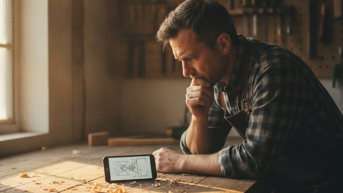 Artisan sur un chantier consultant son téléphone à côté de ses outils