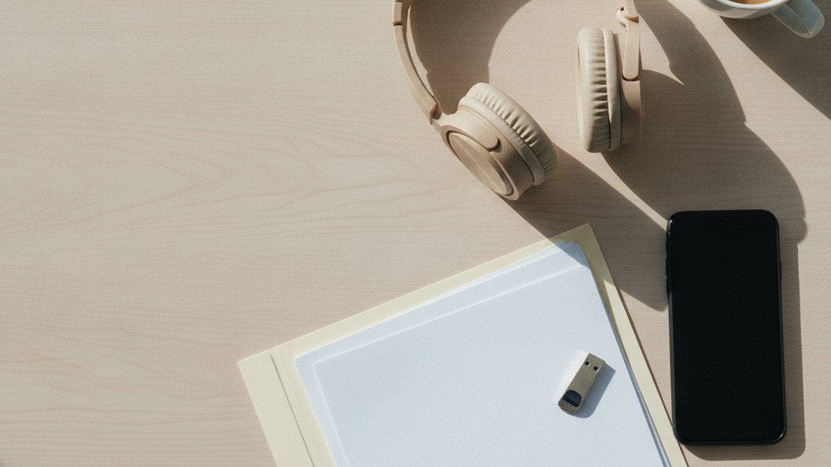 Bureau vu du dessus avec un téléphone, des documents imprimés et un casque audio